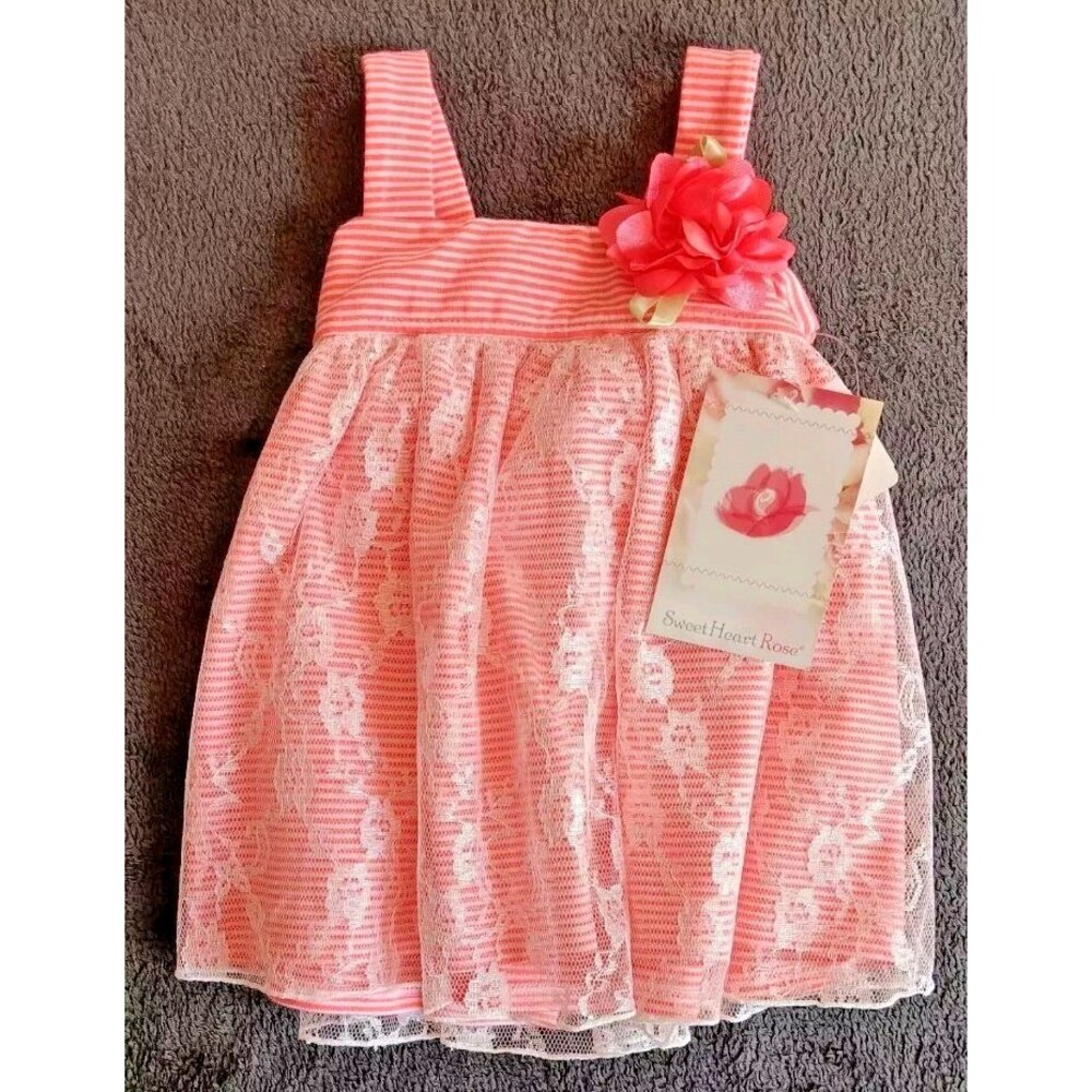 dress 18 month new Girls Sweet Heart Rose Coral Striped party With Lace Over Lay